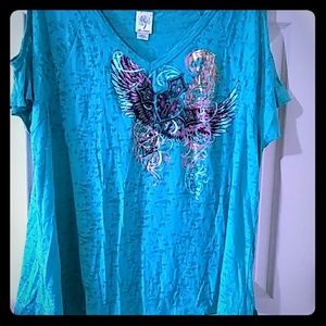 Self Esteem Cross Wings Cold Shoulder Top